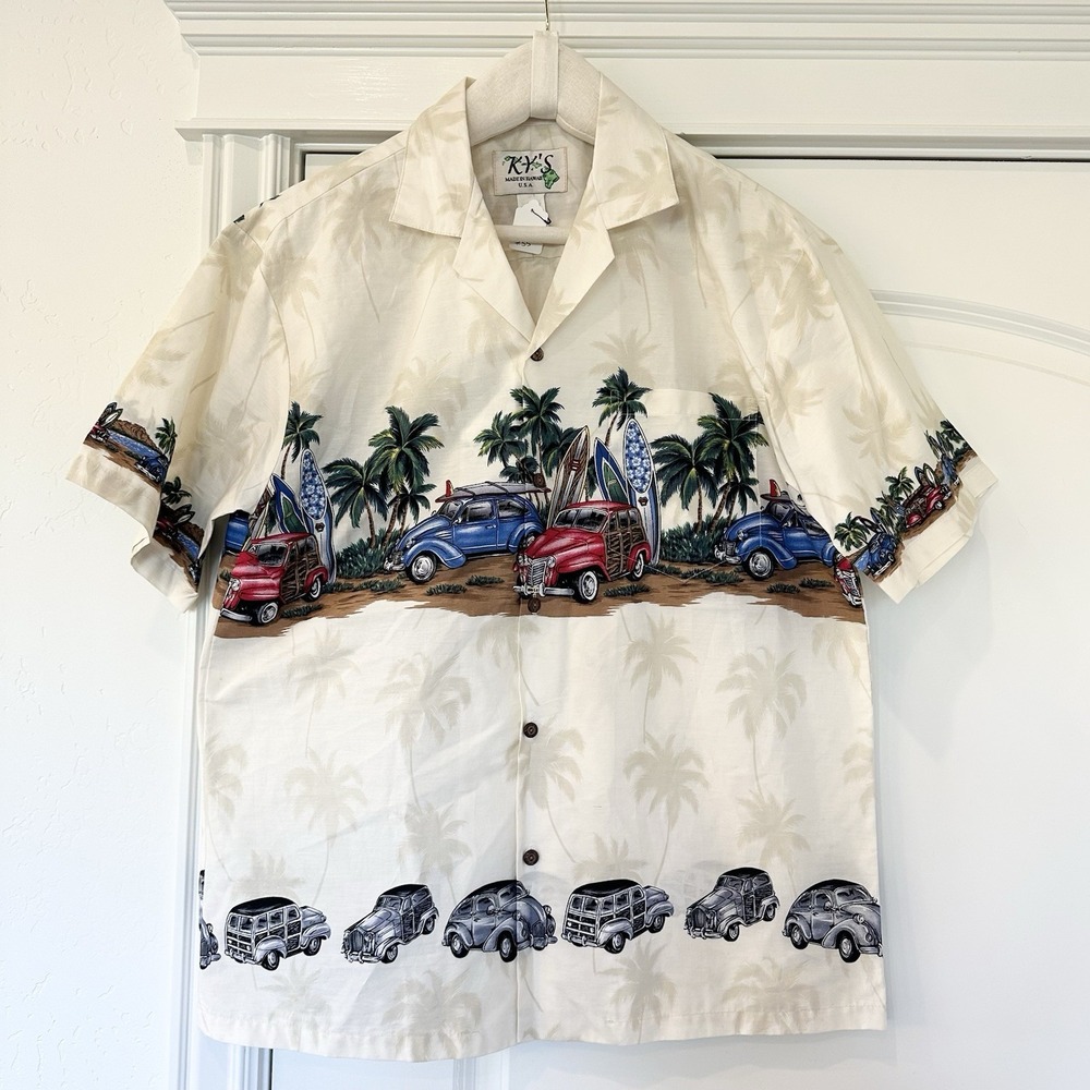 Ky's Men's Large L Button Up Hawaiian Shirt Hawaii USA Woody Cars Surfboards VW